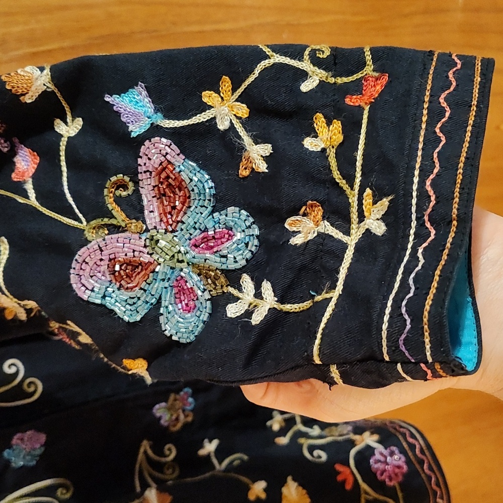 Stunning Quacker Factory Beaded Shacket Navy Embroidery Butterfly Cotton India L - Picture 12 of 16